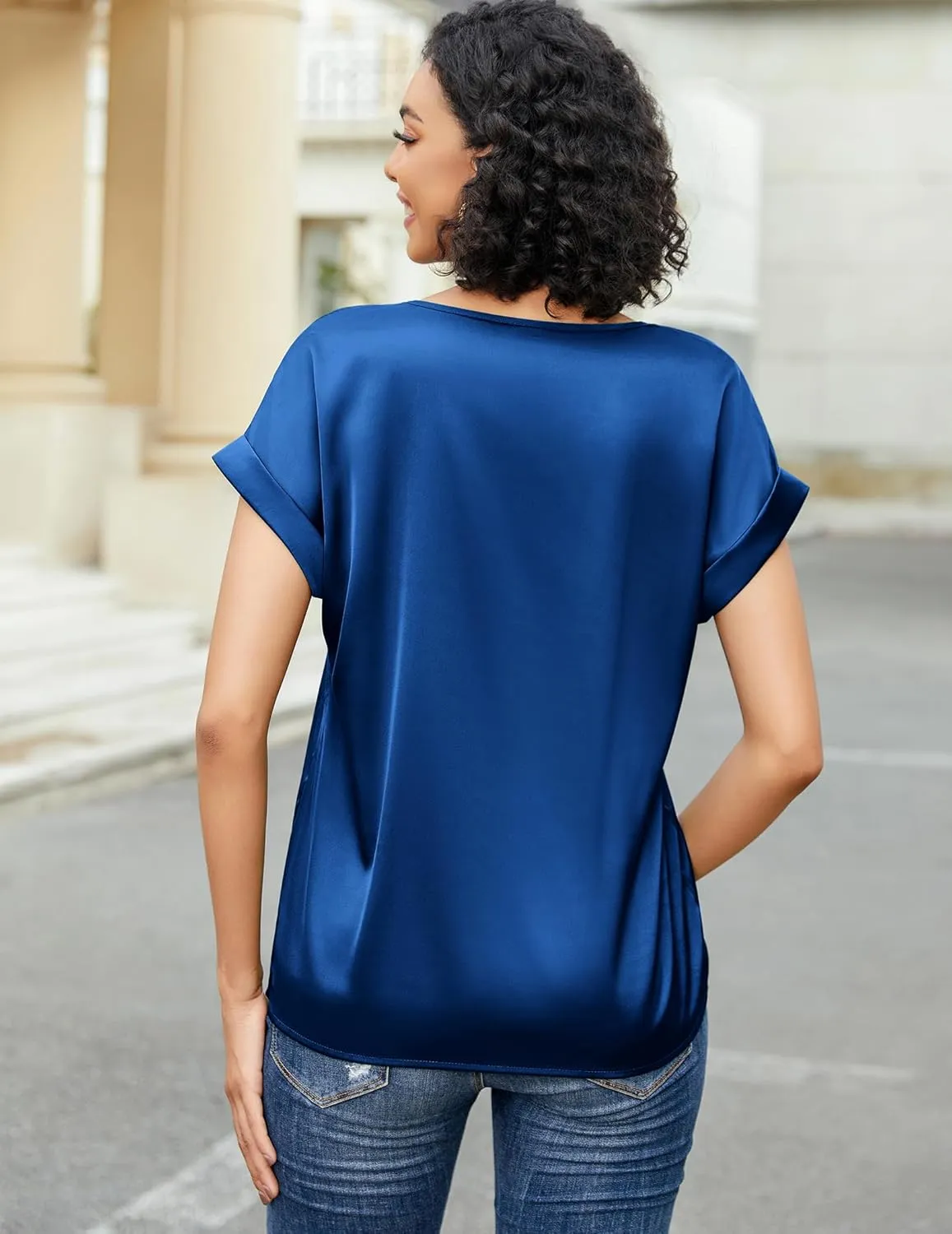 HOTOUCH Women's Short Sleeve Pullover Blouses Satin Silk Shirts Casual Loose Work Tunic Tops