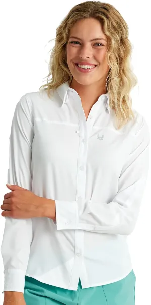 Huk Standard Tide Point Pattern Long Sleeve Shirt, Button Down for Women, White, Medium