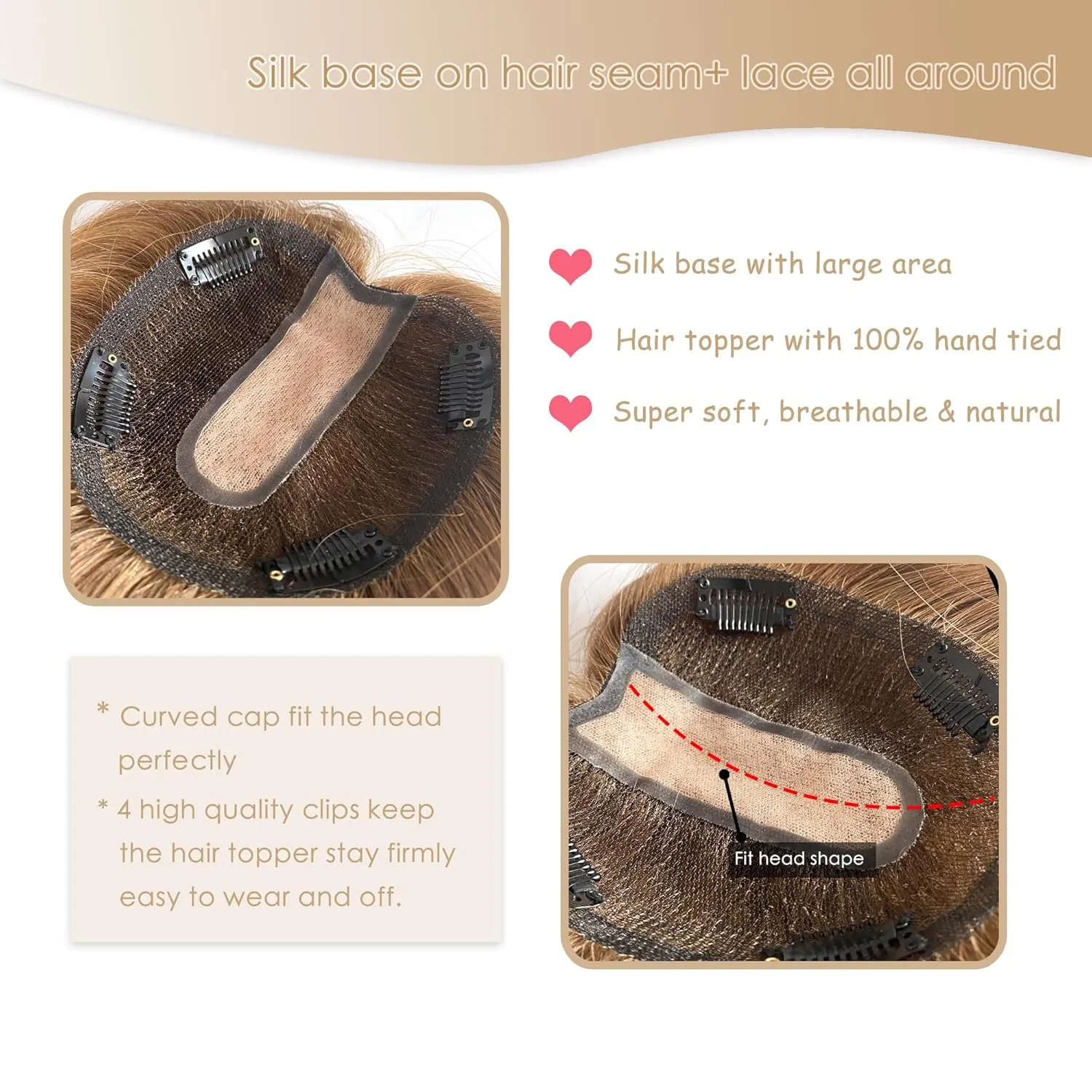 Human Hair Topper for Women, Crown Coverage Straight Hair Piece 5 * 5.5 Cap Size, Full Hand Tied Real Looks (8 Inch, 6# Light brown)