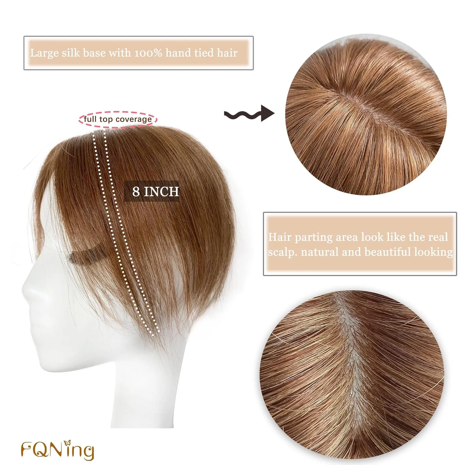 Human Hair Topper for Women, Crown Coverage Straight Hair Piece 5 * 5.5 Cap Size, Full Hand Tied Real Looks (8 Inch, 6# Light brown)