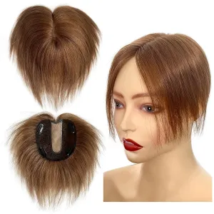 Human Hair Topper for Women, Crown Coverage Straight Hair Piece 5 * 5.5 Cap Size, Full Hand Tied Real Looks (8 Inch, 6# Light brown)