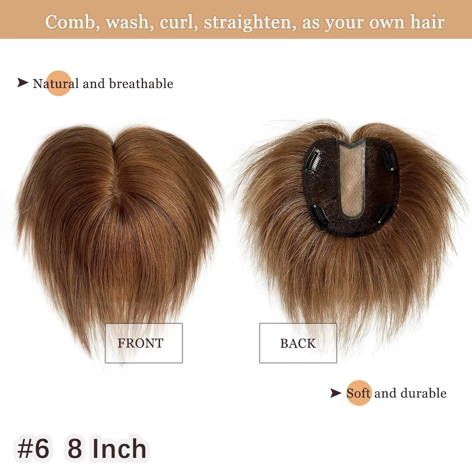 Human Hair Topper for Women, Crown Coverage Straight Hair Piece 5 * 5.5 Cap Size, Full Hand Tied Real Looks (8 Inch, 6# Light brown)