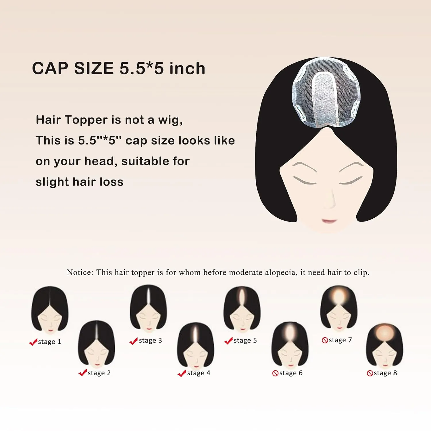 Human Hair Topper for Women, Crown Coverage Straight Hair Piece 5 * 5.5 Cap Size, Full Hand Tied Real Looks (8 Inch, 6# Light brown)