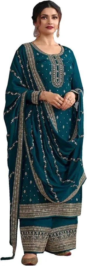 Indian Function Wear Palazzo Suits Pakistani Sewn Embroiderd Work Salawar Kameez Dress (US, Numeric, 34, Regular, Regular, Blue)