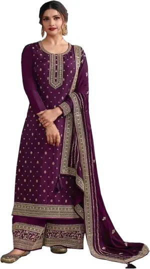 Indian Function Wear Palazzo Suits Pakistani Sewn Embroiderd Work Salawar Kameez Dress (US, Numeric, 34, Regular, Regular, Purple)