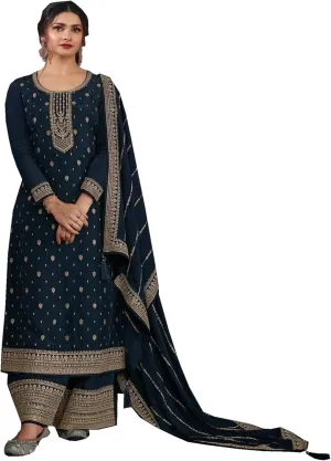 Indian Function Wear Palazzo Suits Pakistani Sewn Embroiderd Work Salawar Kameez Dress (US, Numeric, 34, Regular, Regular, Teal Blue)