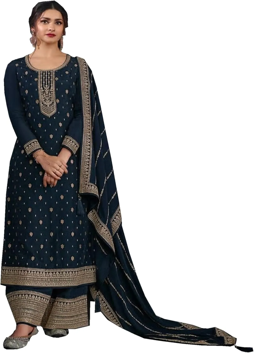 Indian Function Wear Palazzo Suits Pakistani Sewn Embroiderd Work Salawar Kameez Dress (US, Numeric, 34, Regular, Regular, Teal Blue)