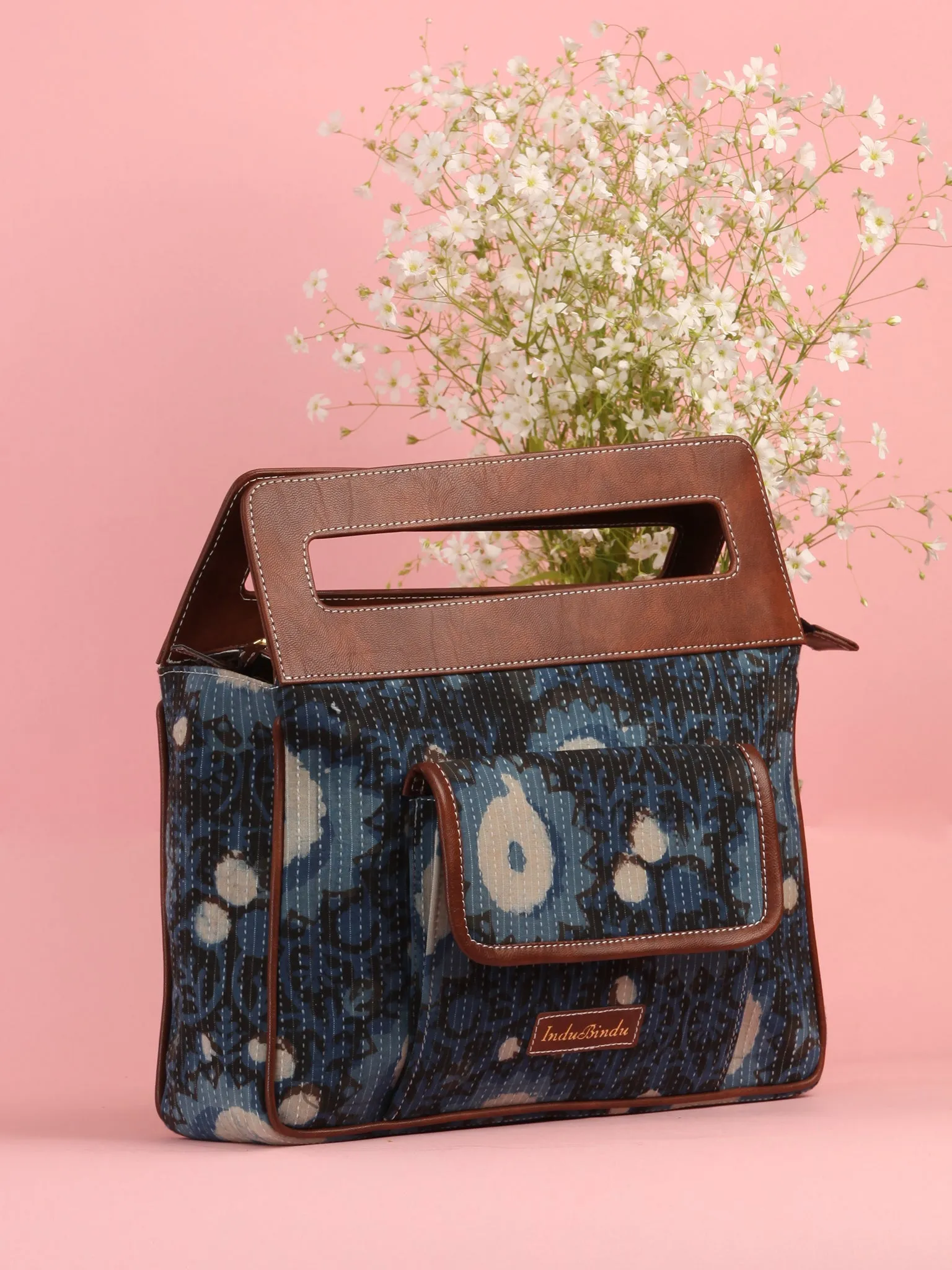 Indigo Black Hand Block Printed Baguette Bag with Vegan Leather Top Handles - B0910
