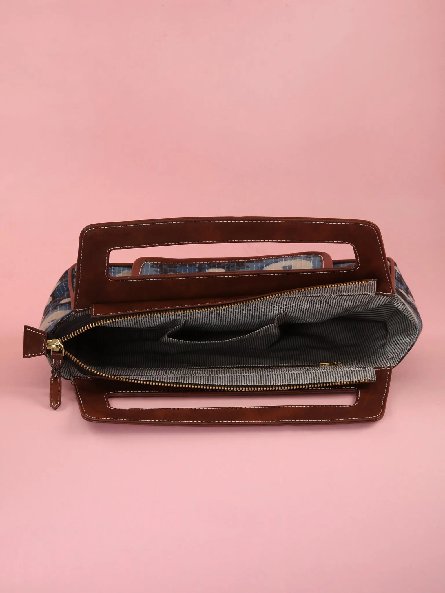 Indigo Black Hand Block Printed Baguette Bag with Vegan Leather Top Handles - B0910