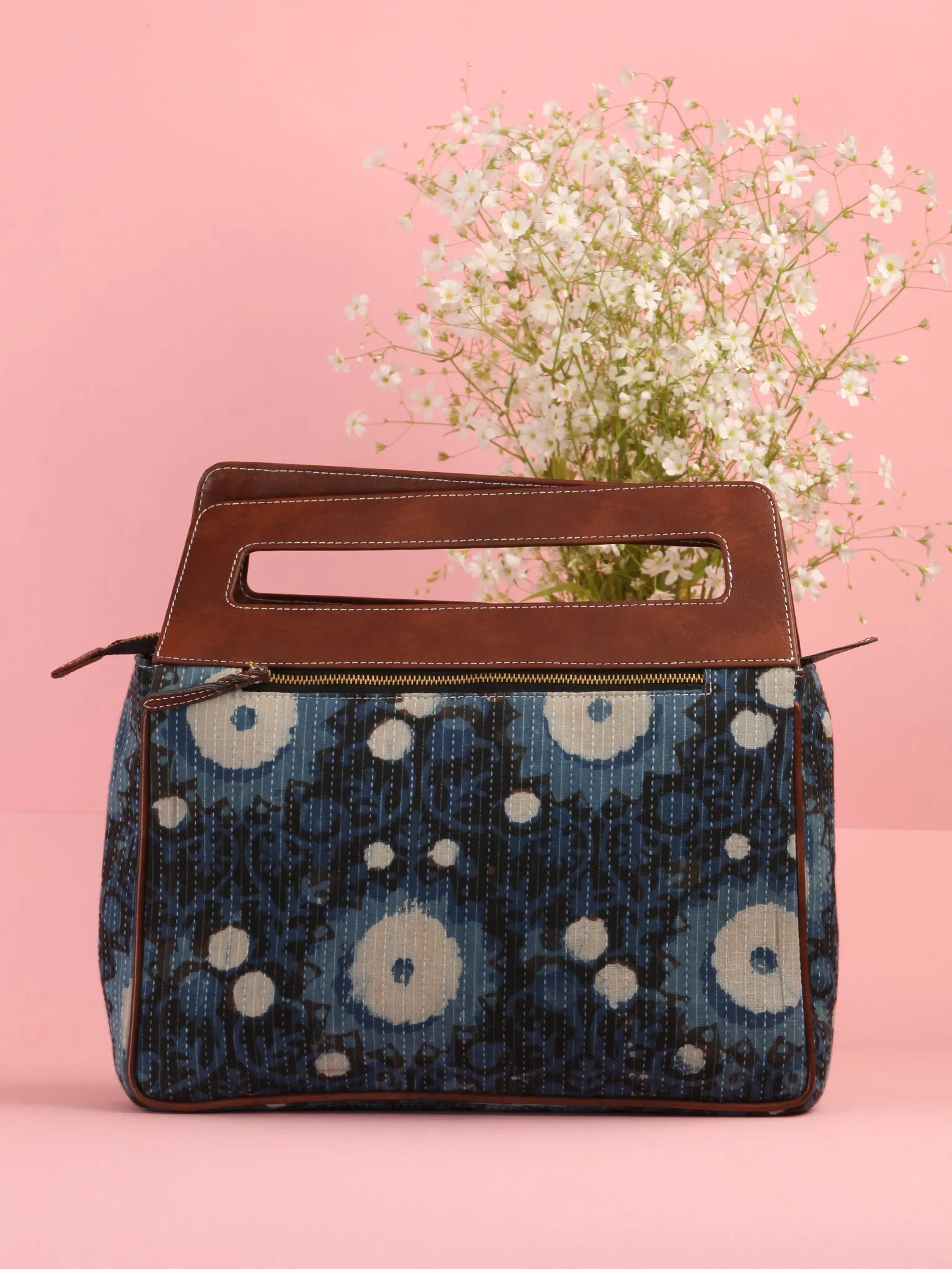 Indigo Black Hand Block Printed Baguette Bag with Vegan Leather Top Handles - B0910