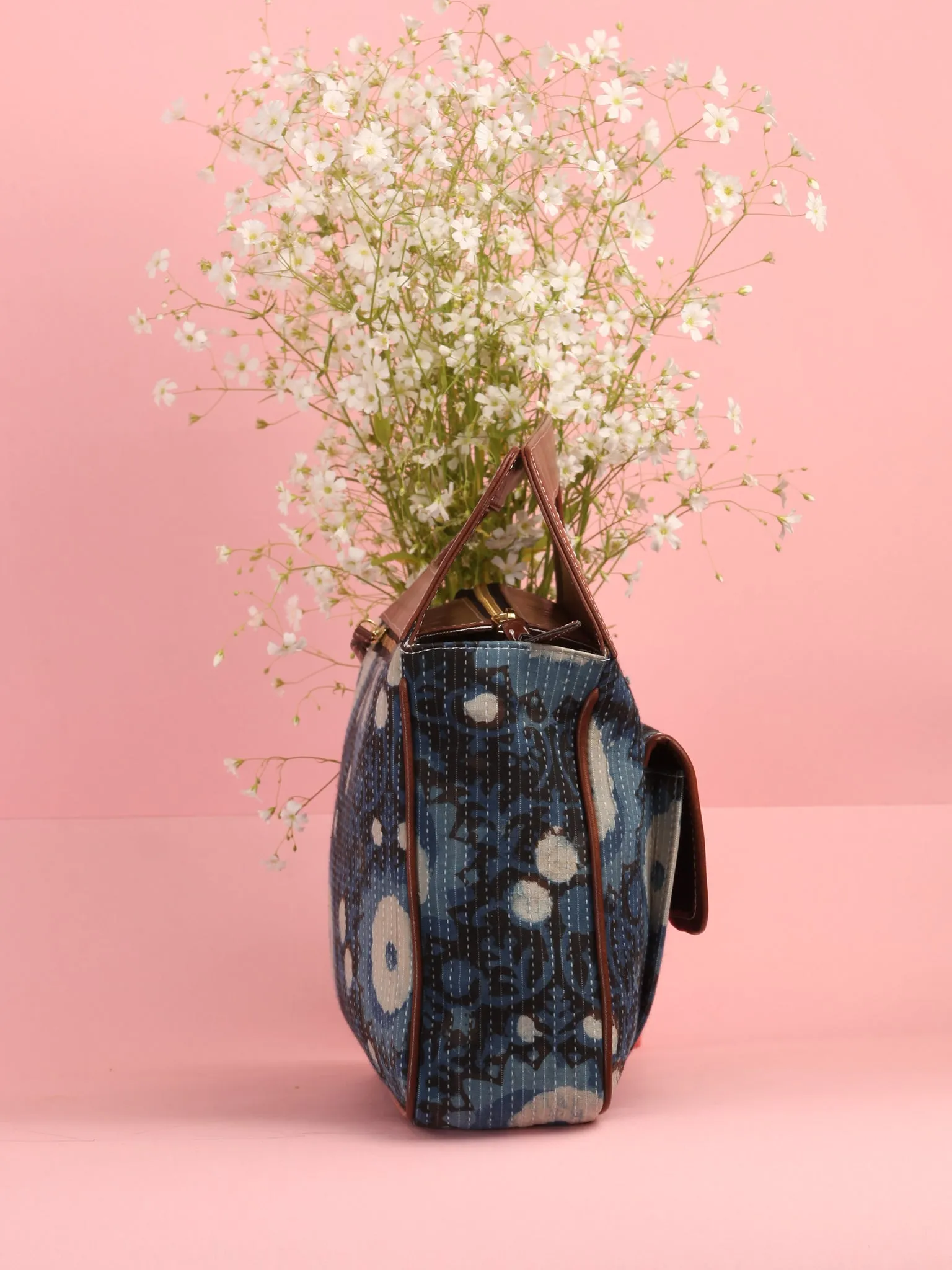 Indigo Black Hand Block Printed Baguette Bag with Vegan Leather Top Handles - B0910