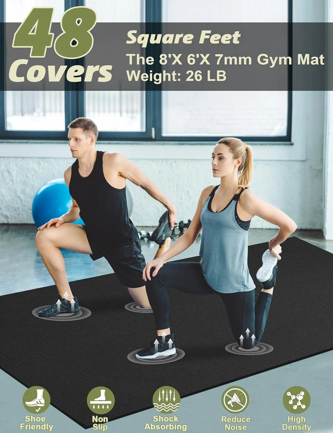 innhom Large Exercise Mat 7'x5'/8'x6'/9'x6'/10'x6' Workout Mat Gym Flooring for Home Gym Mats Exercise Mats for Home Workout Thick Floor Mat for Fitness
