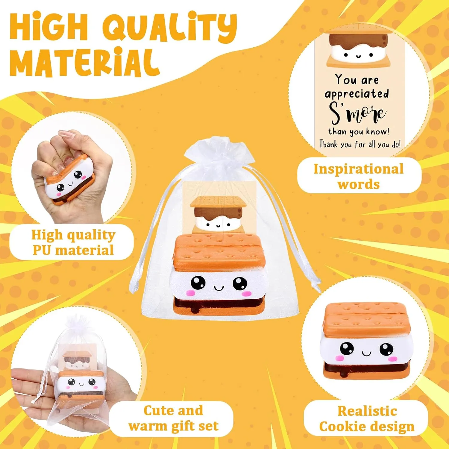 Inspirational Stress Smore Balls for Employee Realistic Food Relief Toys with Thank You Cards with Organza Bags Appreciation Gifts Bulk for Cna Week Volunteer Students Teacher Nurse(10 Sets)