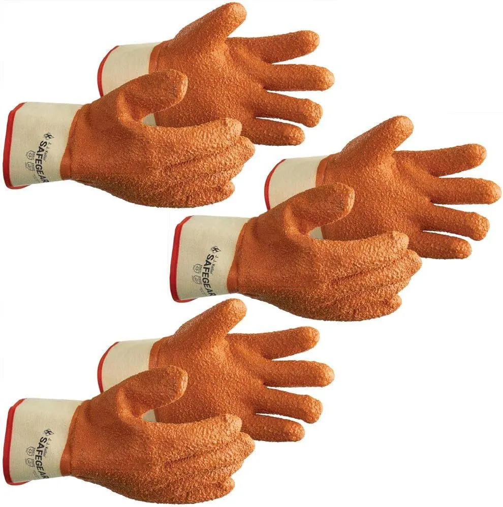 J. J. Keller & Associates, Inc. SAFEGEAR PVC Vinyl Work Gloves, 3 Pairs - EN388 Cut-Resistant Orange Textured Gloves