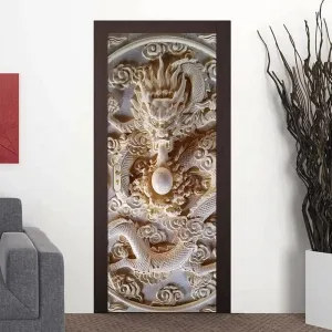 Jade Carving Embossed White Dragon Sticker - Wall & Door Decoration, 3D, Waterproof - 30.3 x 78.7 inches