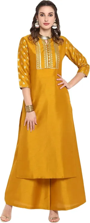 Janasya Indian Women's Mustard Embellished Kurta Kurti Top Tunic Festive Party wear Kurta with Palazzo Set for Women