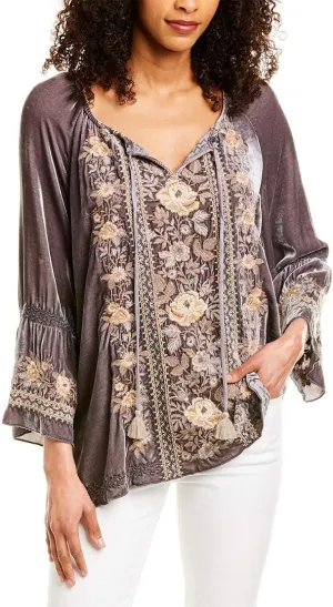 Johnny Was Womens Marushka Velvet Fare Silk-Blend Blouse, S, Grey