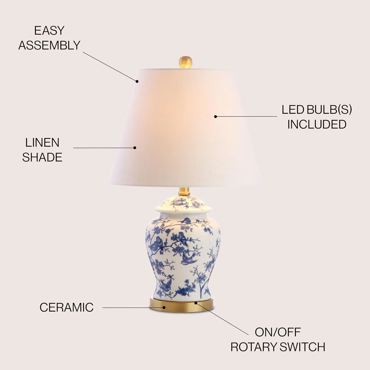 JONATHAN Y JYL3005A Penelope 22" Chinoiserie LED Table Classic Cottage Bedside Desk Nightstand Lamp for Bedroom Living Room Office College Bookcase LED Bulb Included, Blue/White