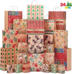 JOYIN 24 Christmas Foil Kraft Gift Bags Assorted Sizes with Twine Handles for Xmas Holiday Present Wrap Décor, Kraft Goody Bags, School Classroom Party Favor Supplies, Goodie Bags Decoration.