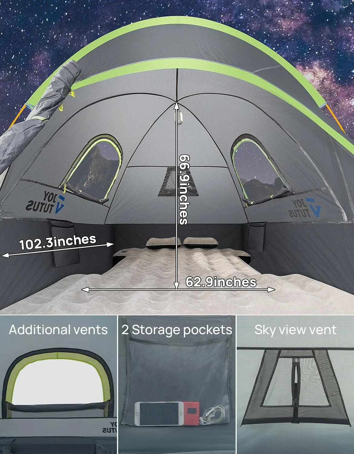 JOYTUTUS Pickup Truck Tent 6.5ft 2.0, Waterproof PU2000mm Double Layer for 2 Person, Portable Truck Bed Tent with Rainfly, Green, Aluminum Pole