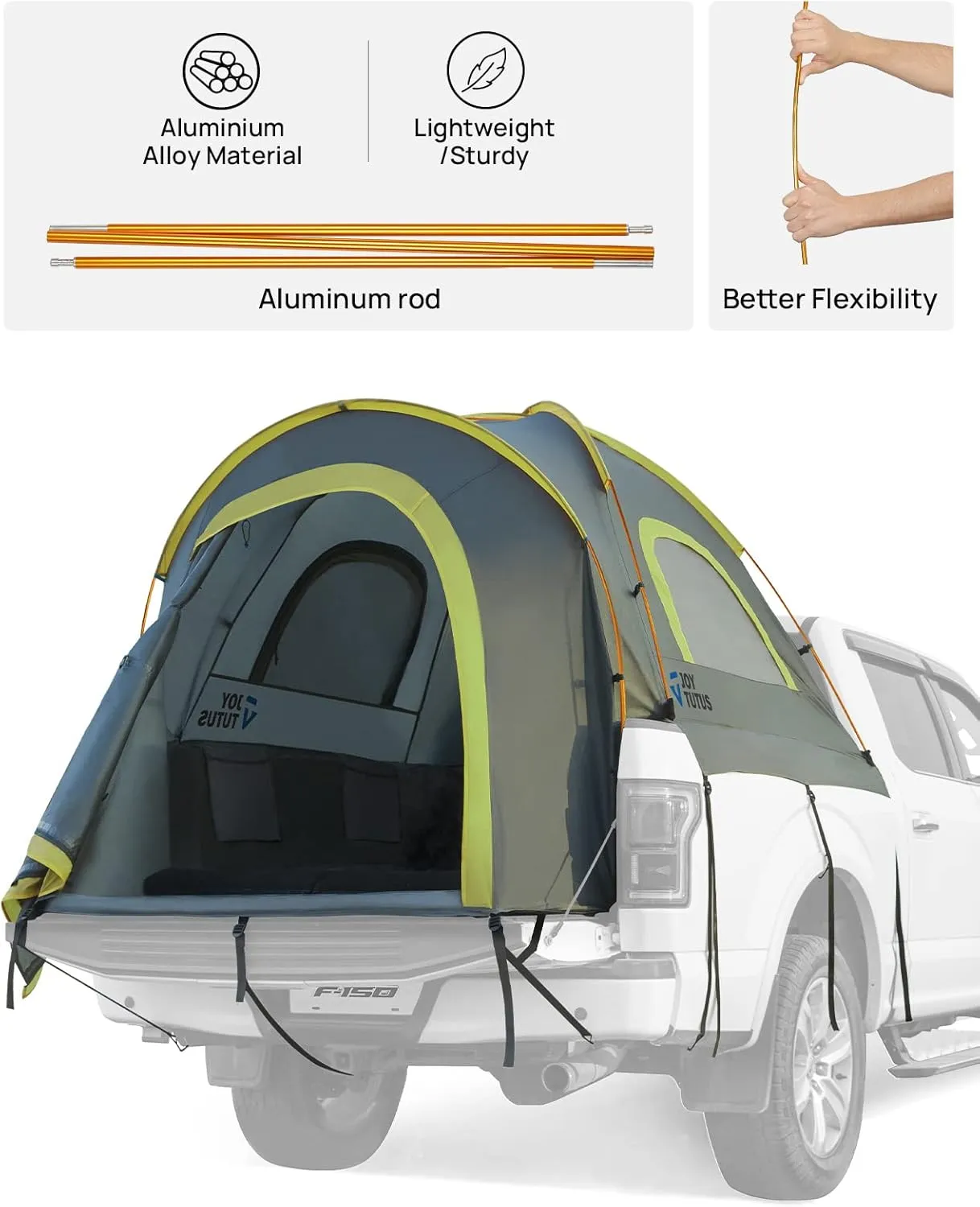 JOYTUTUS Pickup Truck Tent 6.5ft 2.0, Waterproof PU2000mm Double Layer for 2 Person, Portable Truck Bed Tent with Rainfly, Green, Aluminum Pole