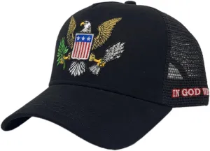 JP's Iconic USA Eagle Embroidered Trucker Hat; Adjustable Snapback; Black
