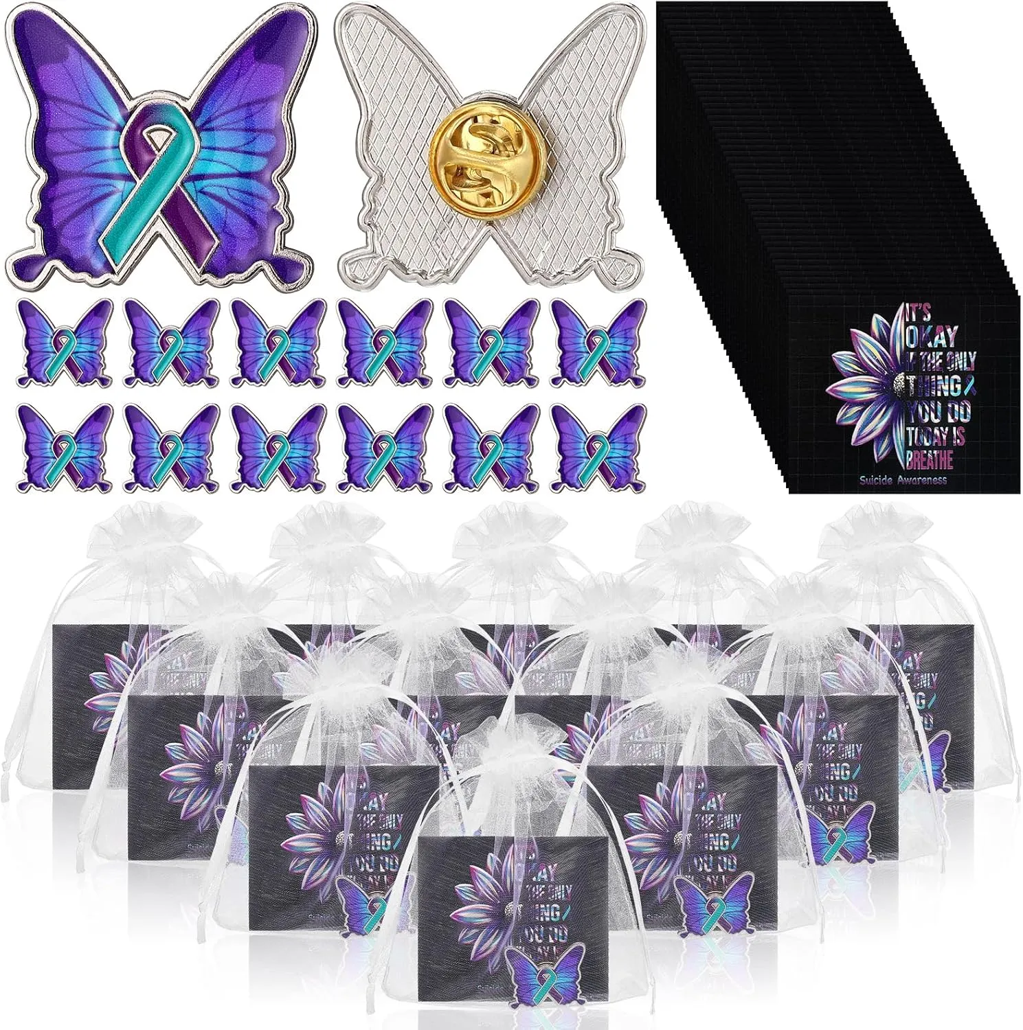 Juexica 50 Sets Suicide Awareness Favors Butterfly with Ribbon Brooch Suicide Prevention Awareness Lapel Pins Favor with Motivational Cards Organza Bags for Women Men Party Favor Supplies