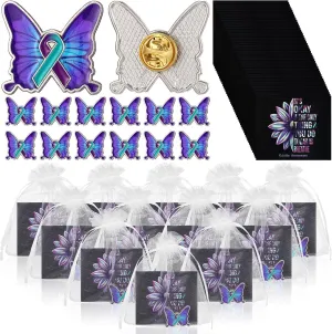 Juexica 50 Sets Suicide Awareness Favors Butterfly with Ribbon Brooch Suicide Prevention Awareness Lapel Pins Favor with Motivational Cards Organza Bags for Women Men Party Favor Supplies
