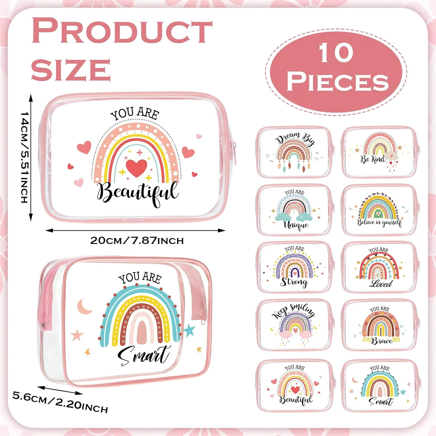 Kacctyen 10 Pcs Rainbow Clear Makeup Bag Women Gifts Inspirational Quotes Waterproof PVC Cosmetic Bags Portable Multifunction Pouch for Graduation Friend Sister Nurse Gift Travel Vacation Organization
