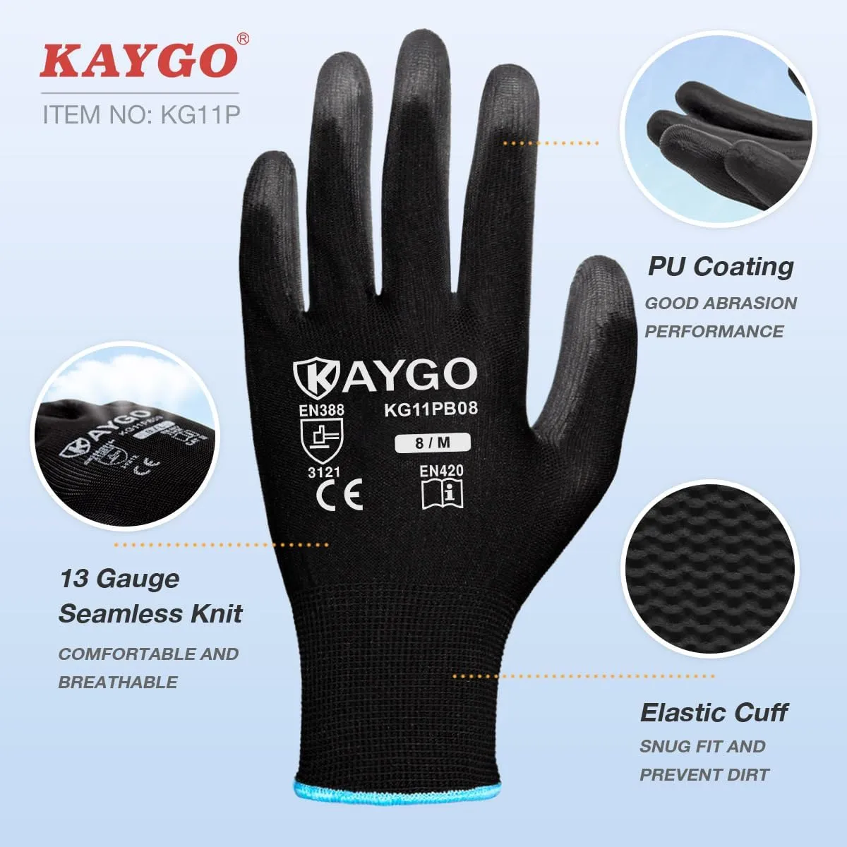 KAYGO Safety Work Gloves PU Coated,12 Pairs KG11PB Seamless Knit Glove for Men and Women, with Smooth Grip on Palm and Fingers, Ideal for General Duty Work (XX-Large, Black)