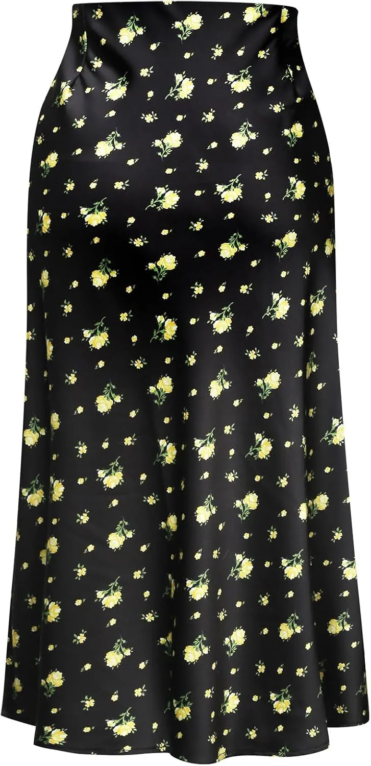 Keasmto Leopard Print Skirt for Women Cheetah High Waist Silk Satin Elasticized Skirts