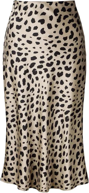 Keasmto Leopard Print Skirt for Women Cheetah High Waist Silk Satin Elasticized Skirts