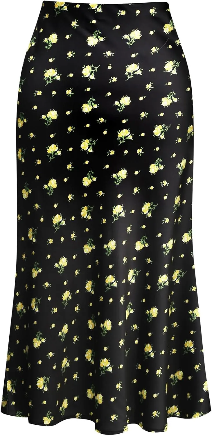 Keasmto Leopard Print Skirt for Women Cheetah High Waist Silk Satin Elasticized Skirts