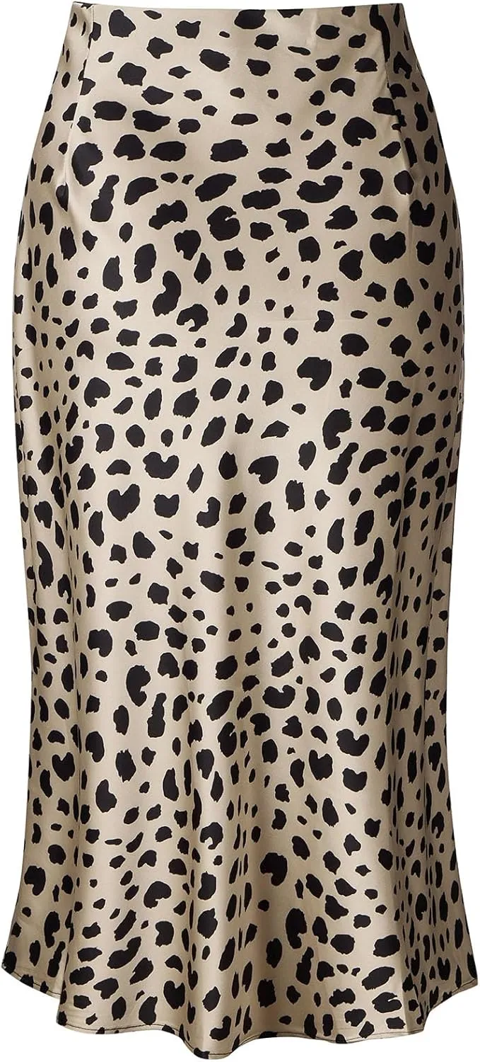 Keasmto Leopard Print Skirt for Women Cheetah High Waist Silk Satin Elasticized Skirts