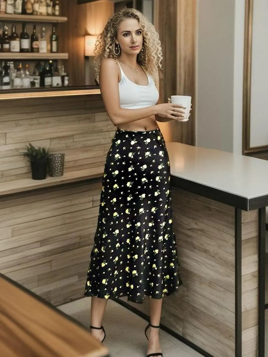 Keasmto Leopard Print Skirt for Women Cheetah High Waist Silk Satin Elasticized Skirts