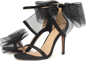 keleimusi Womens Wedding Sandals with Asymmetric Mesh Bows Dress Ankle Strap Stiletto Heels