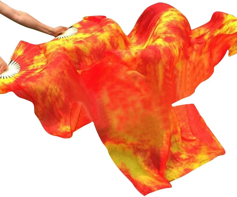 KIKIGOAL 1 Pair(Left Right) Women Real Silk Belly Dance Fan Veil, Length 180cm Width 90cm