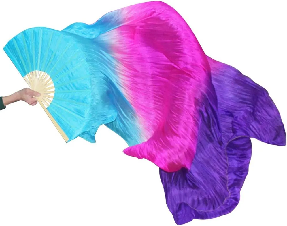 KIKIGOAL 1 Pair(Left Right) Women Real Silk Belly Dance Fan Veil, Length 180cm Width 90cm