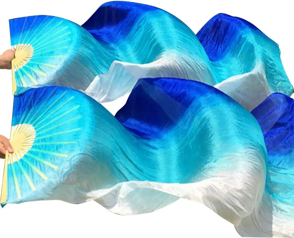 KIKIGOAL 1 Pair(Left Right) Women Real Silk Belly Dance Fan Veil, Length 180cm Width 90cm