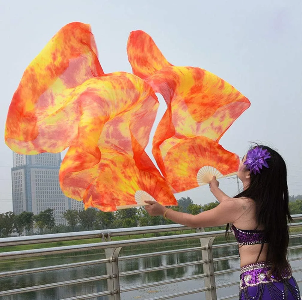 KIKIGOAL 1 Pair(Left Right) Women Real Silk Belly Dance Fan Veil, Length 180cm Width 90cm