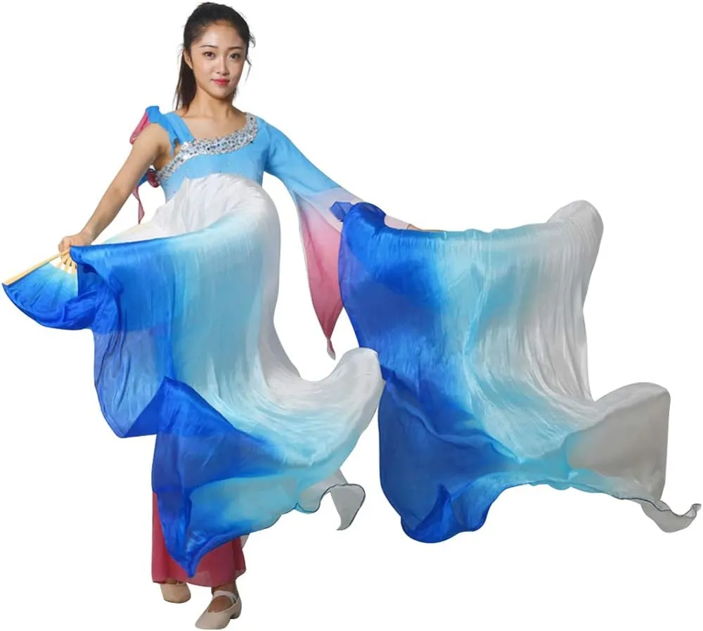 KIKIGOAL 1 Pair(Left Right) Women Real Silk Belly Dance Fan Veil, Length 180cm Width 90cm