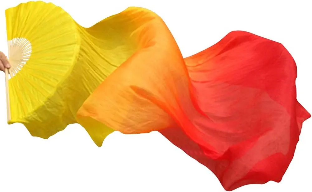 KIKIGOAL 1 Pair(Left Right) Women Real Silk Belly Dance Fan Veil, Length 180cm Width 90cm