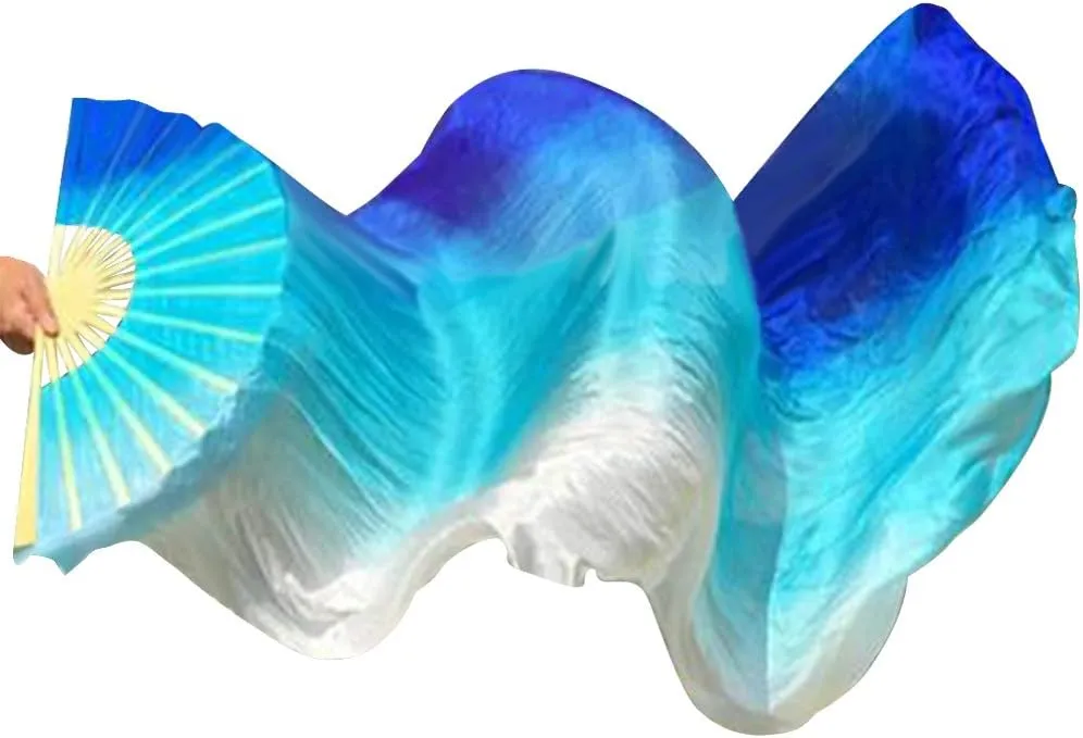 KIKIGOAL 1 Pair(Left Right) Women Real Silk Belly Dance Fan Veil, Length 180cm Width 90cm