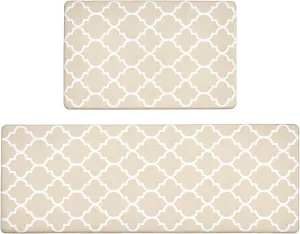 Kitchen Rugs Set of 2, Anti Fatigue Mats for Kitchen Floor, Waterproof Cushioned Rug, Non Slip Washable Memory Foam Mat for Standing, Sink, Stove, Beige Trellis, 17.3"x27.6" 17.3"x47.2"