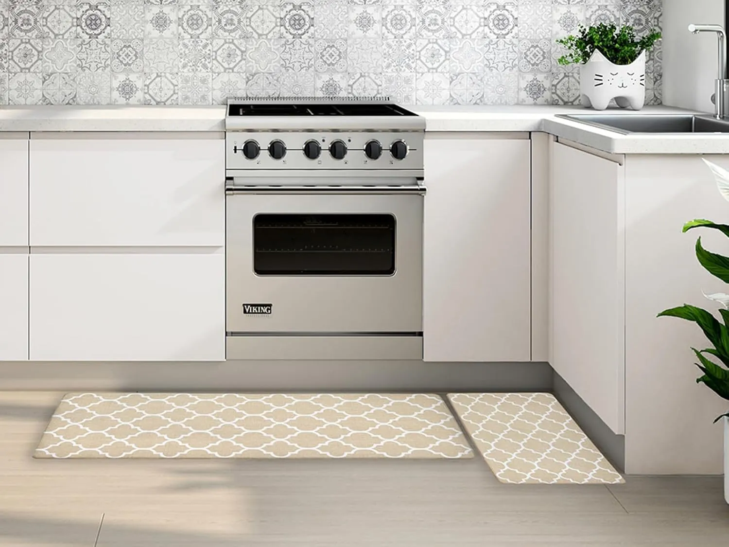 Kitchen Rugs Set of 2, Anti Fatigue Mats for Kitchen Floor, Waterproof Cushioned Rug, Non Slip Washable Memory Foam Mat for Standing, Sink, Stove, Beige Trellis, 17.3"x27.6" 17.3"x47.2"