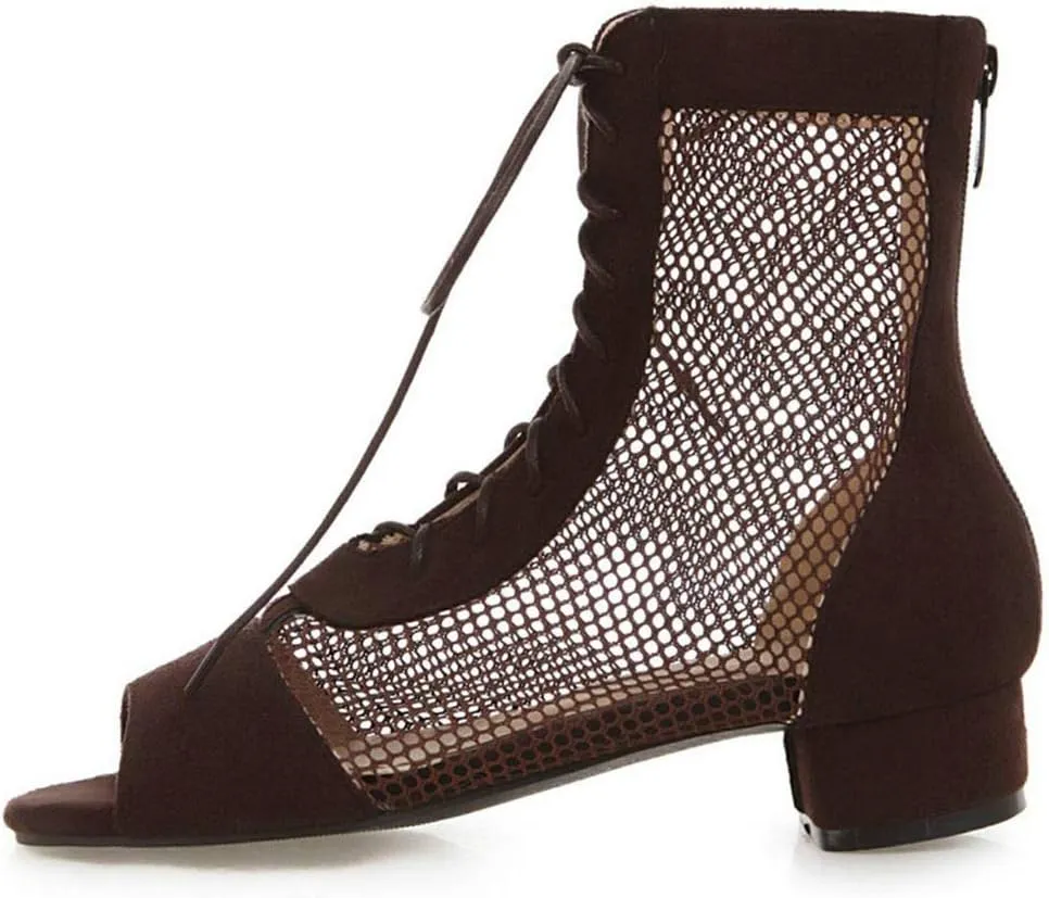 KOKOMOMO Womens Perforated Lace Up Peep Toe Booties Cutout Heeled Sandals