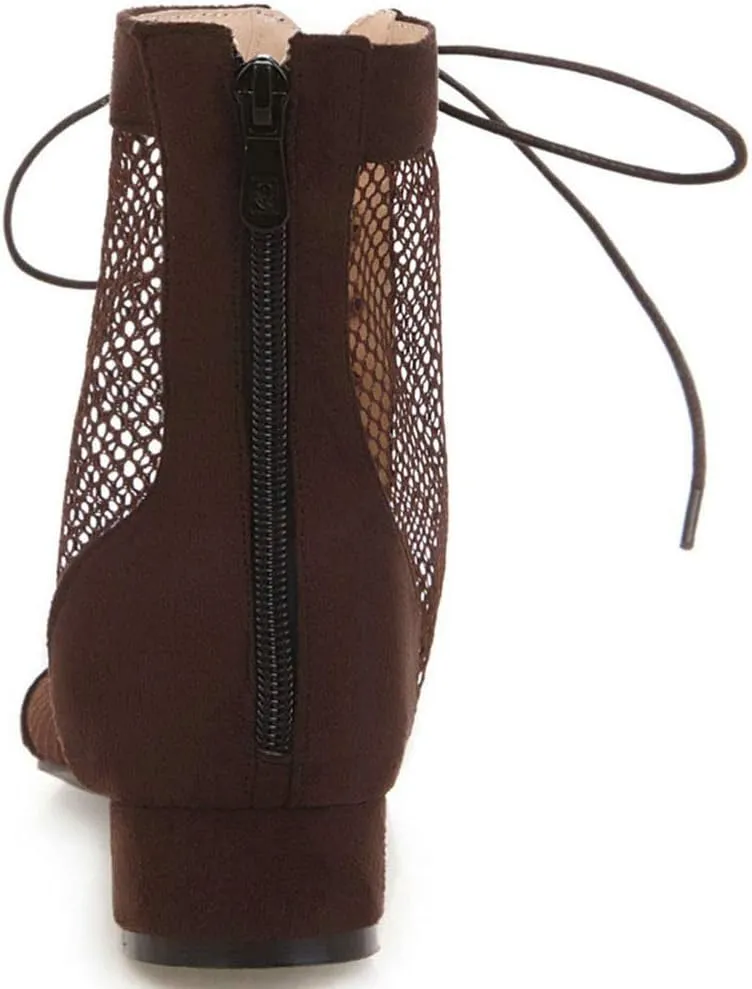 KOKOMOMO Womens Perforated Lace Up Peep Toe Booties Cutout Heeled Sandals