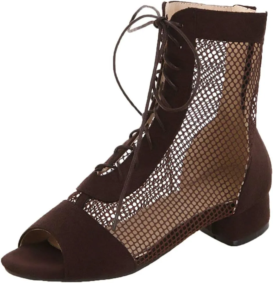 KOKOMOMO Womens Perforated Lace Up Peep Toe Booties Cutout Heeled Sandals