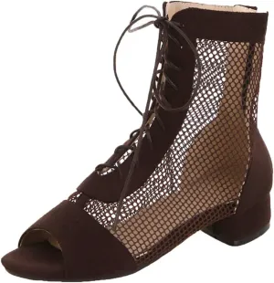 KOKOMOMO Womens Perforated Lace Up Peep Toe Booties Cutout Heeled Sandals