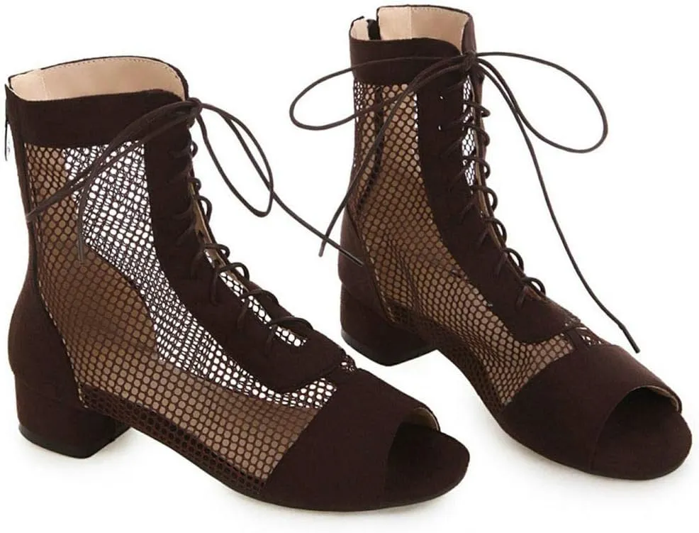 KOKOMOMO Womens Perforated Lace Up Peep Toe Booties Cutout Heeled Sandals